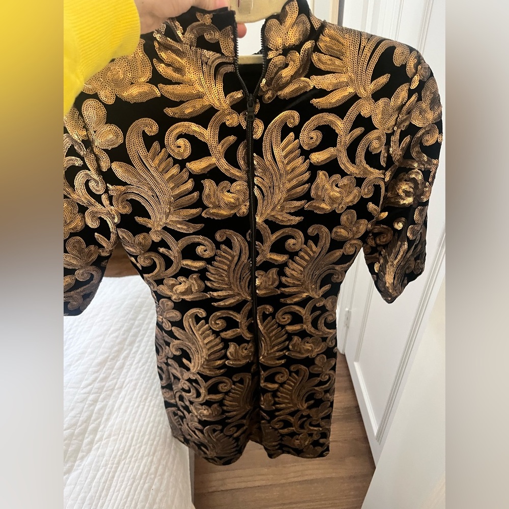 Alice and Olivia black and gold mini dress